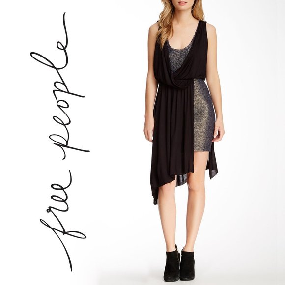 Free People Dresses & Skirts - Free People Eleanor Drape Dress XS | Black Gold Blue Metallic Asymmetrical Hem